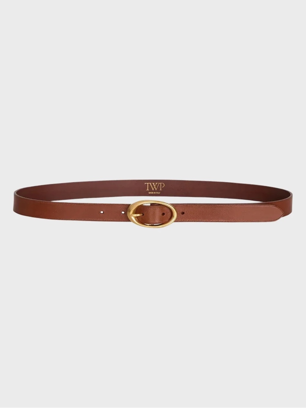 TWP Brown Leather Belt with Gold Oval Buckle